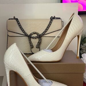 Elegant Women's Ivory Croc-Embossed Pointed Toe High Heels and handbag set